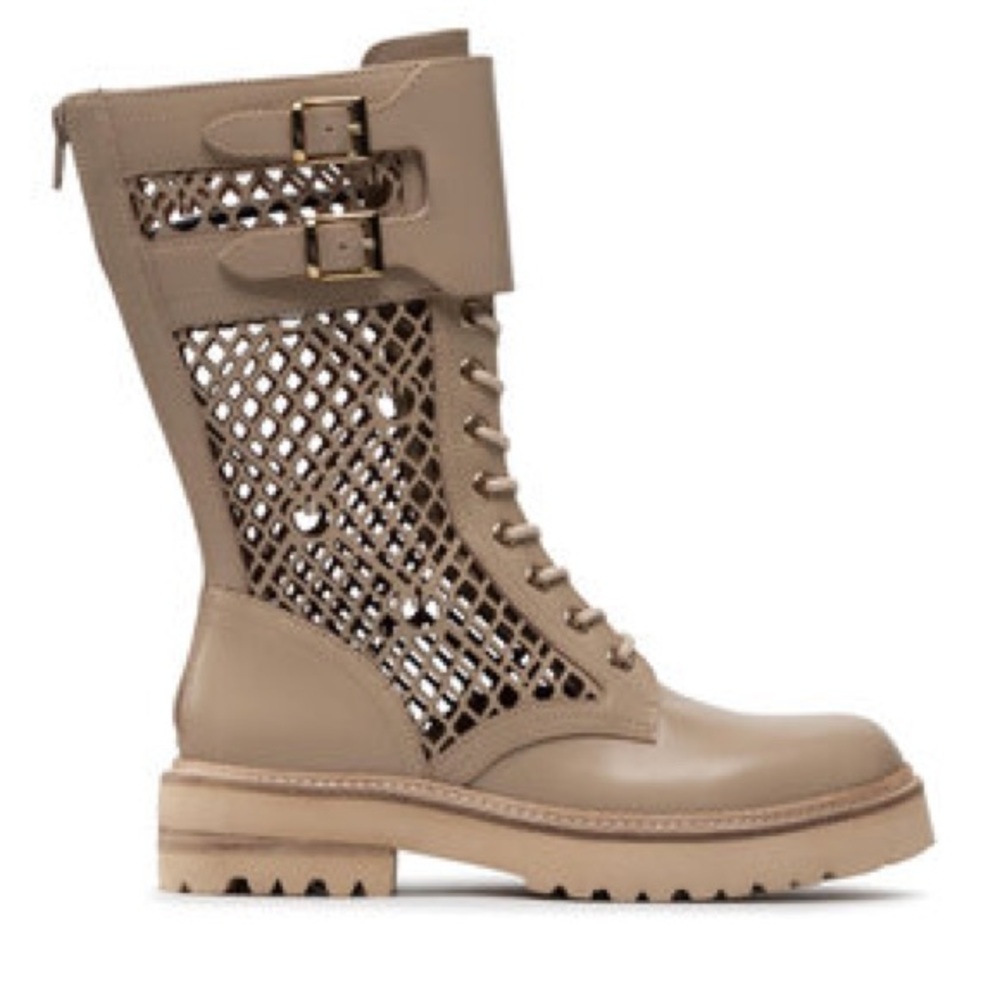 Pinko Beige Leather Combat Boots • Lug Sole • Lace-Up w/ Zipper - Picture 10 of 11